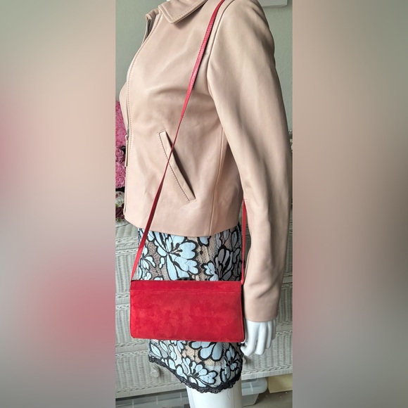 Vintage Italian Leather & Suede Mini Crossbody Bag in Red & Black colors - Picture 4 of 12